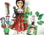 Frida Kahlo doll, textile sculpture, heirloom doll with parrot, self-portrait and cactus, handmade doll.