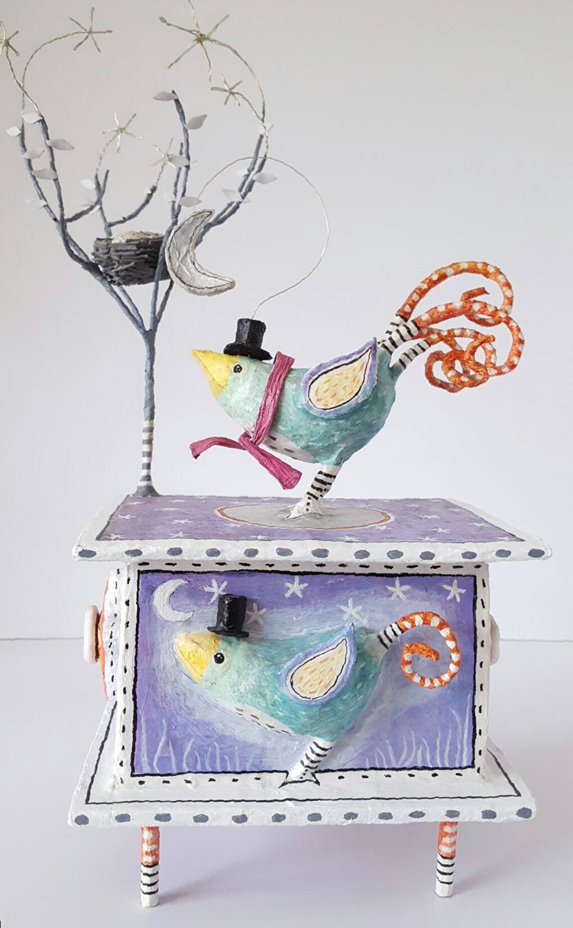 Papier Mache Box Bird Sculpture. Bird With Warm Scarf Nest Etsy