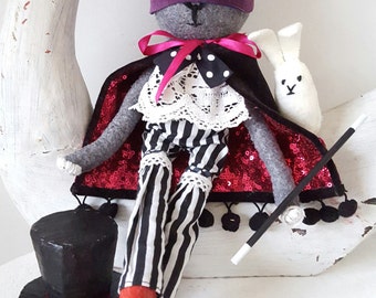 Grey Rabbit textile doll, magician,  rabbit in a top hat. Costume doll,  sequinned cape, red boots, handmade art doll, stuffed toy.