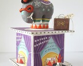 Circus sculpture box, diorama with ringmaster, small dog and luggage. Victorian sideshow. Mixed-media box for children or adults.