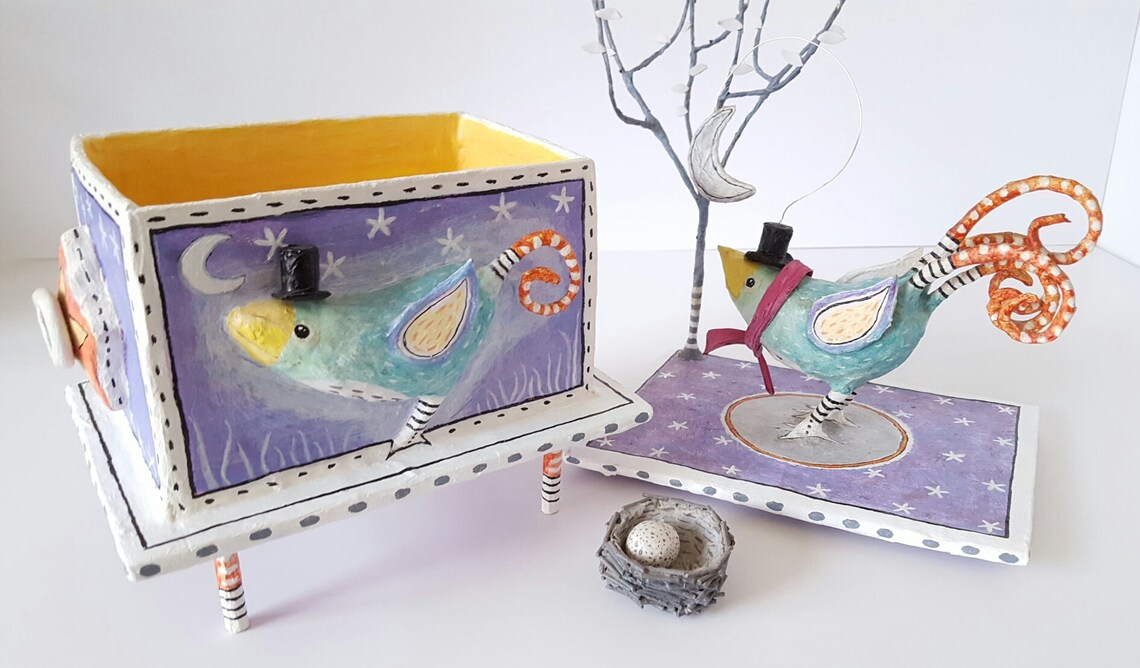 Papier Mache Box Bird Sculpture. Bird With Warm Scarf Nest Etsy