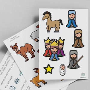 Może przedstawiać: Zestaw kolorowych wycinanek postaci ze sceny narodzin, w tym wielbłąd, owca, koń, trzech mędrców, gwiazda, dziecko w żłóbku, Maryja, Józef i pasterz. Wycinanki są wydrukowane na białym papierze i są gotowe do wycięcia i wykorzystania w projekcie rękodzieła.