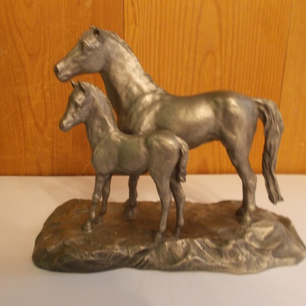 Vintage~Large~Pewter~Mare and Foal~Horse~STATUE~Nice~Metal Animal Art~Nice Size~Decor~Collectable~Fine Pewter~Horse~Art~60~Equestrian's