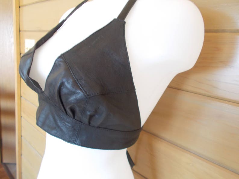 Leather Bra~Halter Top~Lingerie~Stripper~Harley Rider~Cowgirl~Biker~Western~Genuine Leather~80/'s~New Old Stock~S-M~Yoke Front~Real Leather