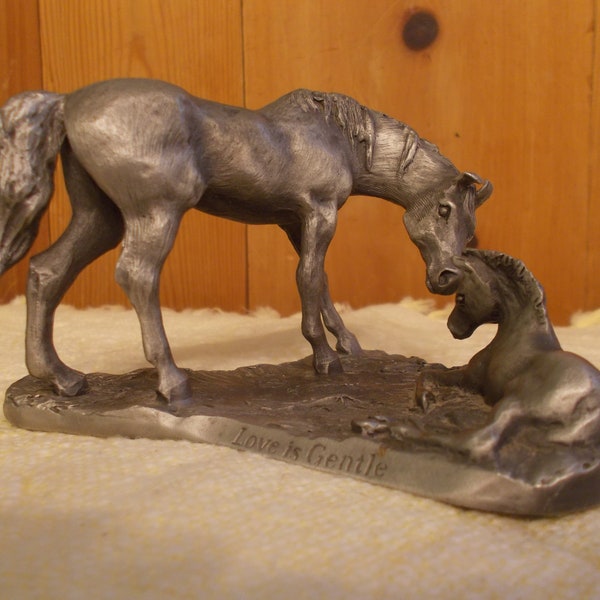 Vintage~Fine~Pewter~Horse~Figurine~Mare & Foal~Metal Animal Art~Nice Size~Equestrian~Decor~Collectable~1977~Fine Pewter~Metal Horse~Signed