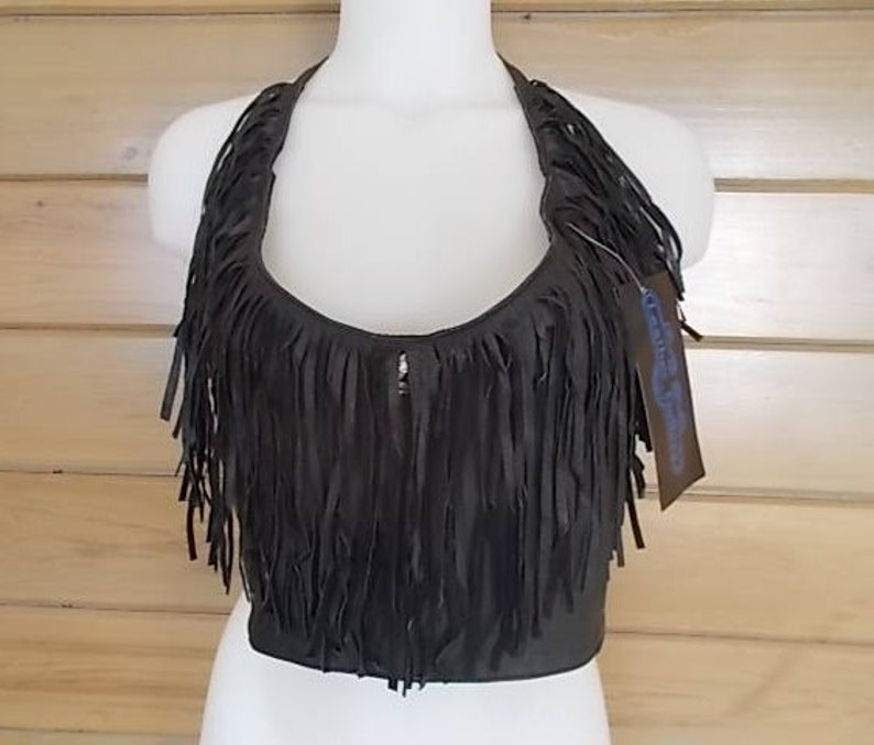 Genuine~Leather~Halter~Crop Top~Bra~Fringes~Lingerie~Dancer~Harley Rider~Cowgirl~Biker~Western~80's~New Old Stock~Sizes~L~XL~2X~Real Leather 