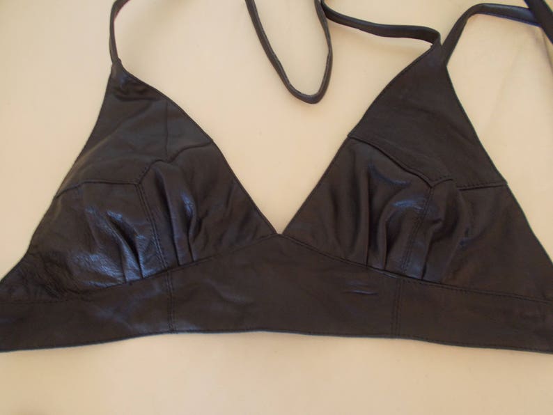 Leather Bra~Halter Top~Lingerie~Stripper~Harley Rider~Cowgirl~Biker~Western~Genuine Leather~80/'s~New Old Stock~S-M~Yoke Front~Real Leather