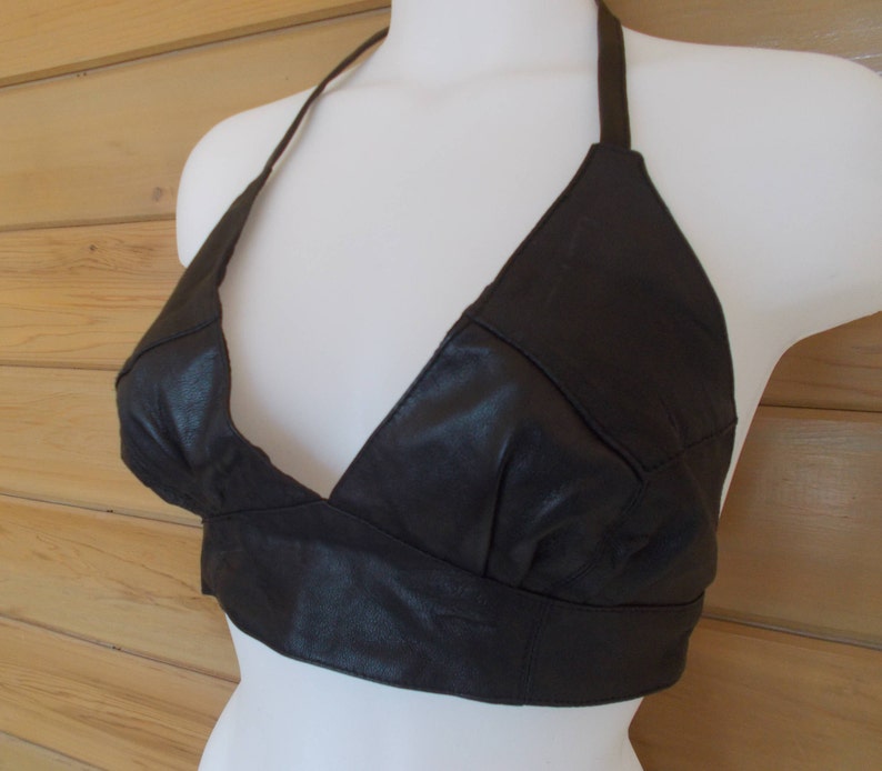 Leather Bra~Halter Top~Lingerie~Stripper~Harley Rider~Cowgirl~Biker~Western~Genuine Leather~80/'s~New Old Stock~S-M~Yoke Front~Real Leather