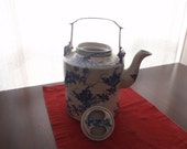 Chinese Blue and White Traditional Teapot with Brass Handle