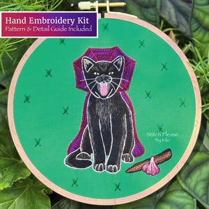 Dracu-Cat Halloween Hand Embroidery Kit pre-printed fabric thread embroidery supplies detailed instructions spooky vampire cat pattern