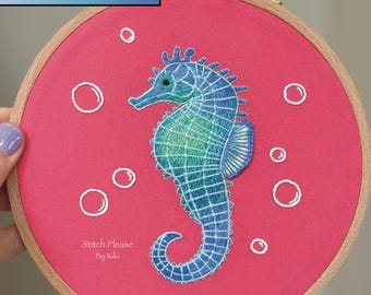 Colorful seahorse and water bubbles hand embroidery pattern step by step guide red, blue, white, PDF instant download pattern