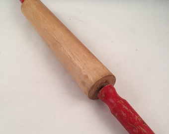 Vintage Wood Rolling Pin with Rustic Red Handles