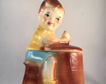 REDUCED American Bisque Churn Boy Cookie Jar, Boy Churning Butter, Farm Boy, Vintage Little Boy Churning Butter Cookie Jar, Retro Cookie Jar