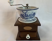 Vintage Mr Dudley International Coffee Grinder, Porcelain and Wood Coffee Grinder, Crank Handle and Drawer for Coffee Grinds