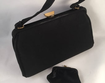 Vintage Black Handbag with Bonus Coin Purse, Gold Clasp, Zipper Pocket on Inside,  Made in USA