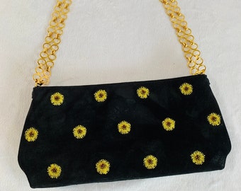 Vintage Adrienne Vittadini Black Suede Handbag with Beading Throughout, Beautiful Gold Chain, Inside Zipper Side Pocket, Nice Used Condition