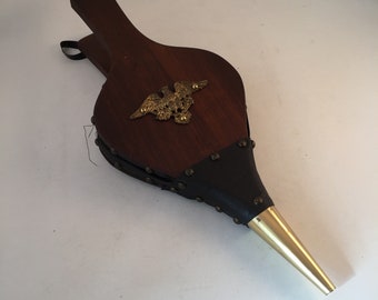Vintage Wood Bellow with Brass Tip, Black Leather Held on with Brass Tacks, Gold Eagle Emblem, Plastic Strap for Hanging, Vintage Bellow