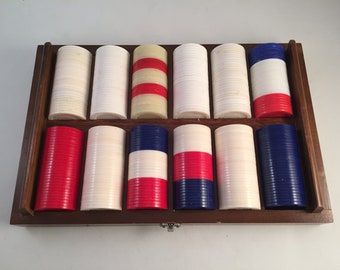 Large Lot of 300 Plus Poker Chip in a Variety of Colors Set in a Wood Caddy, Bottom Wood Caddy Top is Missing