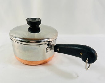1 Quart Copper Bottoms Revere Ware Saucepan with Lid, Copper Clad Stainless Steel Made in Riverside, Cal. USA, Made Under Process Patent