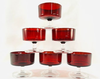 4 oz. Set of 6 Ruby Red Luminarc Cavalier Clear Glass Stem Dessert Cups, Ice Cream Bowls, Wine Glass, Great Condition, No Chips or Cracks