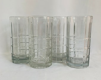 Set of 4 Clear Tartan Anchor Hocking Tumblers, Tartan Glassware, Tartan by Anchor Hocking, 16 oz. Tumblers, Anchor Hocking Glass Tumblers