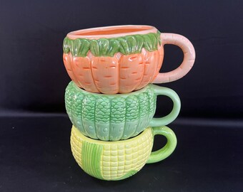 Three 20 oz. Corn Cob, Carrot, Asparagus Design Soup, Chili, Stew, Cocoa, Coffee Mugs, Unique Large Mugs, Whimsical Mugs