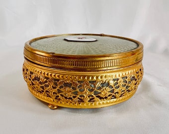 Ornate Gold Powder Box with Glass Insert, Amazing Details Throughout, This Beautiful Powder Box Has Original Puff with Partial Powder