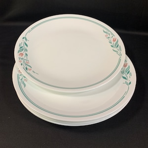 6 Dinner Plates Corelle Rosemarie Pattern, 10-1/4&quot;, Great Condition, Vintage Corelle Dinner Plates, Double Stripe and Floral Design