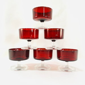 4 oz. Set of 6 Ruby Red Luminarc Cavalier Clear Glass Stem Dessert Cups, Ice Cream Bowls, Wine Glass, Great Condition, No Chips or Cracks