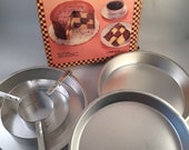 Vintage Checkerboard Cake Set in Original Box, Includes 3 Metal Pans, 1 Metal Cake Divider, Recipes and Instructions