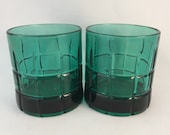 Set of 2 Green Tartan Anchor Hocking Low Ball Glasses, Vintage Green Glassware, Tartan by Anchor Hocking, 8-10 oz.