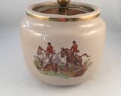 Unique Large Ceramic Humidor with Horseman Painted Image, Wood Lid with Metal Spring Secure Bar, Rare Hunter Ceramic Humidor