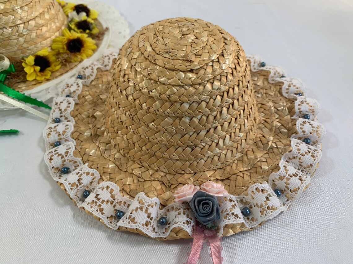 Set of 3 Decorated Straw Doll Hats Large Rim Adorable Little Etsy