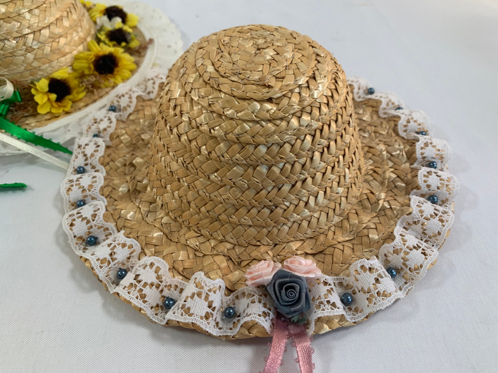Set of 3 Decorated Straw Doll Hats Large Rim Adorable Little Etsy