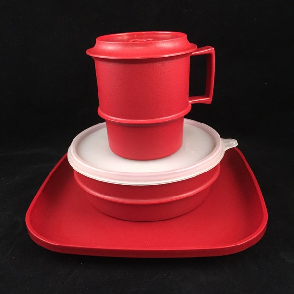 New/Vintage Tupperware Cranberry Snack set, Plate, Bowl with Lid, Mug with Lid/Coaster