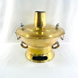 Brass Chafing Dish with Porcelain Knobs and Handles, Center Vent Pipe, Unique Design