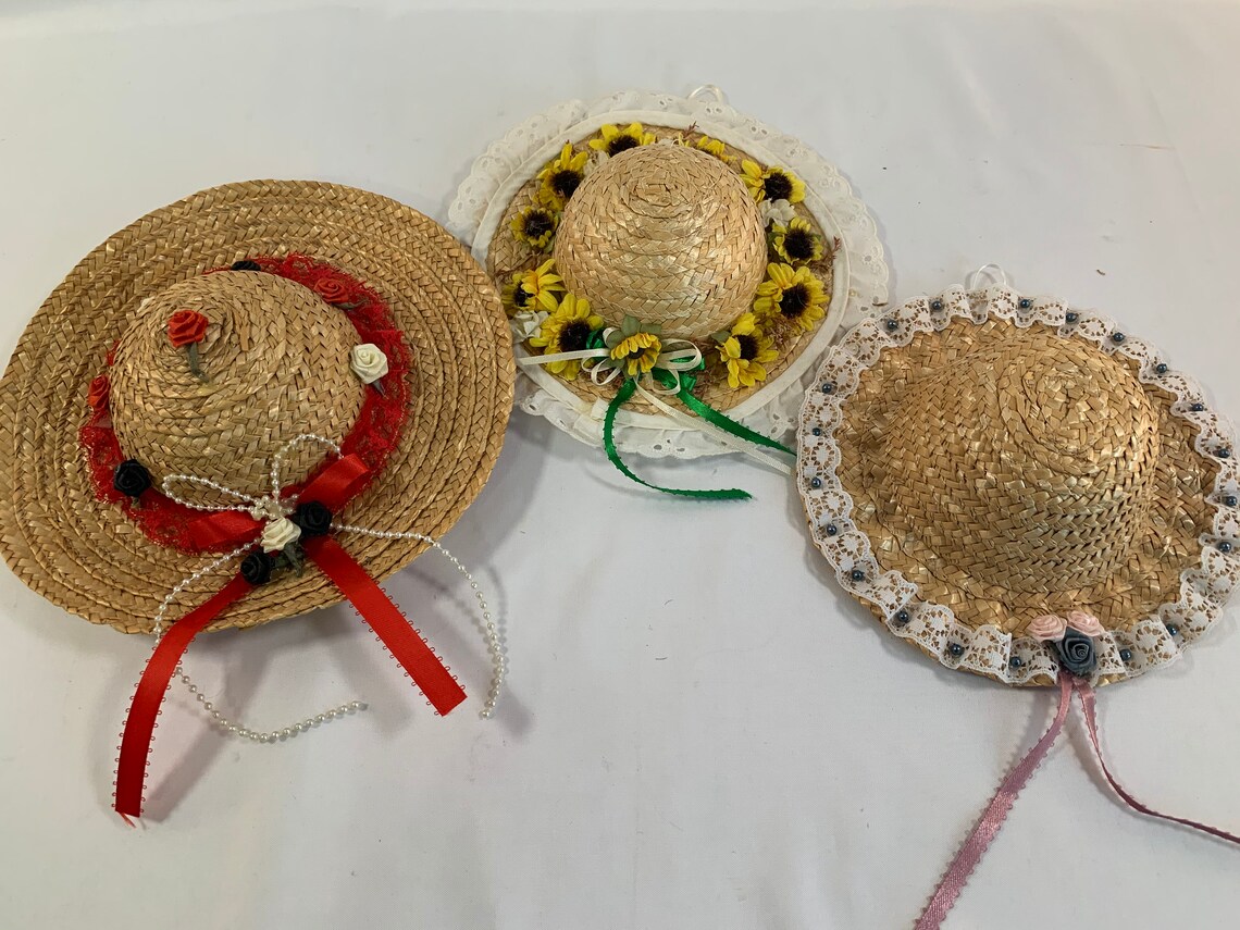 Set of 3 Decorated Straw Doll Hats Large Rim Adorable Little Etsy