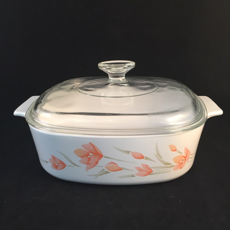 A-2-B2 Liter 2 Liter Peach Blossom Corning Ware Casserole Dish with Clear Glass Lid Baking Dish Vintage Floral Corning Ware Casserole