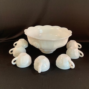 Beautiful 8 Piece Embossed Milk Glass Punch Bowl Set, Large Bowl with 7 Matching Cups, Great Condition, Perfect for Any Occasion