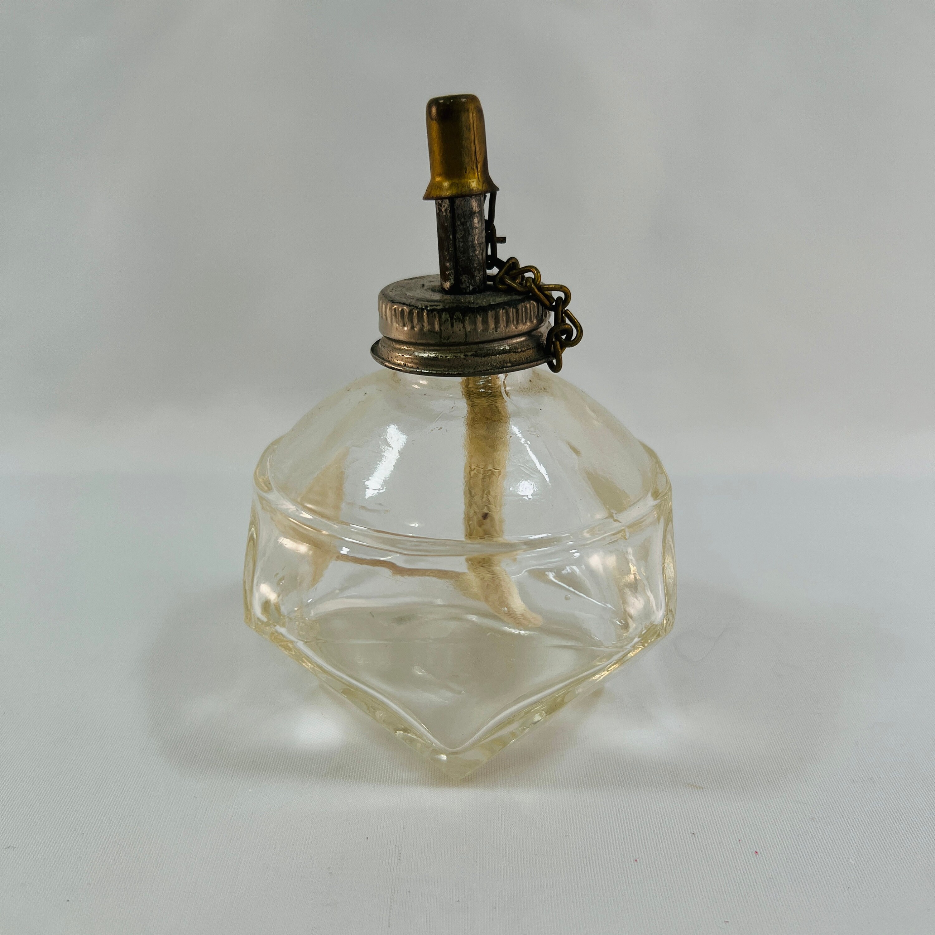 Vtg Glass Oil Lamp W/ Pressed Tapered Font & Ruffled Chimney Small Kerosene Lantern  Wick Included 