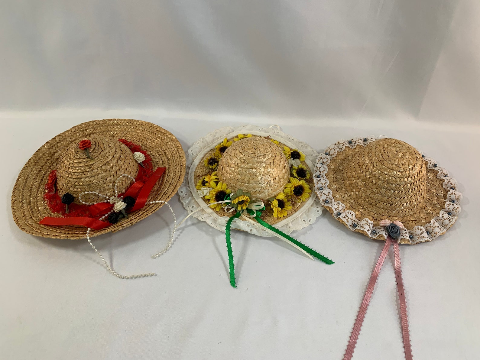 Set of 3 Decorated Straw Doll Hats Large Rim Adorable Little Etsy