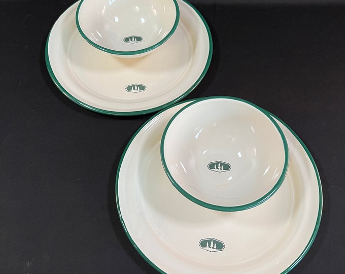 A Unique Set of Enamelware Plates and Bowls, 2 Each All 4 Have Trees on