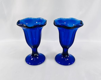 Set of 2 Cobalt Blue Dessert, Sundae Glasses, Ice Cream, Parfait, Fruit, Anchor Hocking