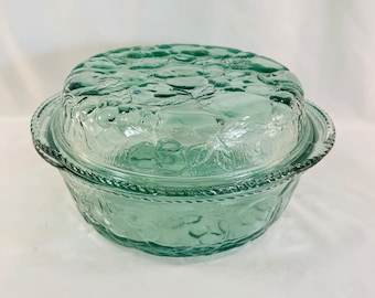 Libbey Orchard Fruit Green Glass Baking Dish, Transparent Fruit Embossed 3 Quart Dish, the Lid Can be Used for a Pie Plate, Oven Proof Dish