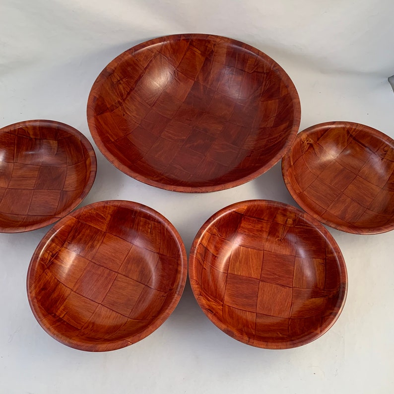 Woven Wood Salad Bowl Set 1 Large 4 Small Bowls Image 0