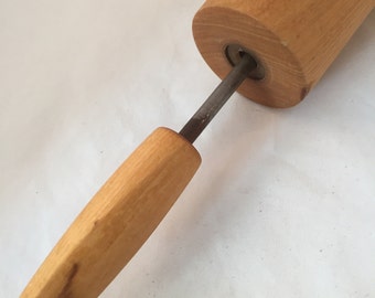 Vintage Wood Rolling Pin with Rustic Metal Rod in Handles, Easy Rolling, Retro