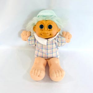 Large Russ Troll Doll, Blue Green Hair, Retro Troll With Plaid Shirt and Corduroy Cap, Large Stuffed Troll Doll, Vintage