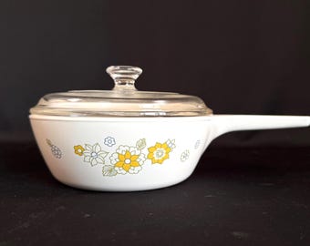 P-81-B  Floral Bouquet Corning Ware Saucepan with Glass Lid, 1 Pint, Classic Corning Ware Saucepan, Hard to Find Piece