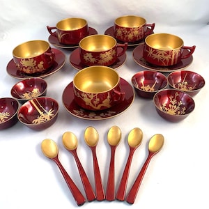 Lacquerware Set Asian Cups/Saucers, Sauce Bowls, Spoons, Cups for Rice, Soup, Noodles, Small Bowls for Soy Sauce, 24 Pieces