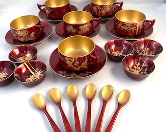 Lacquerware Set Asian Cups/Saucers, Sauce Bowls, Spoons, Cups for Rice, Soup, Noodles, Small Bowls for Soy Sauce, 24 Pieces